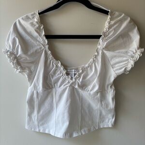 Topshop White Ruffle Puff Sleeve elastic V neck cotton jersey crop top size 6